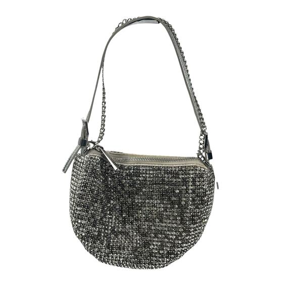 Aldo Mistera Silver Rhinestone Sparkly Shimmer Crescent Half Moon Shoulder Bag - Picture 2 of 8